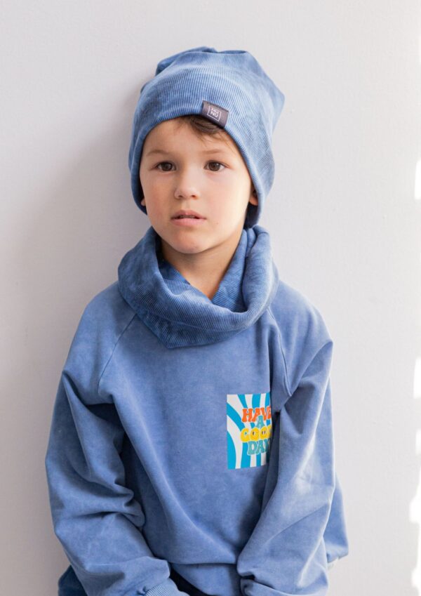 Czapka z kominem dziecięca prążek TIE DYE baby blue