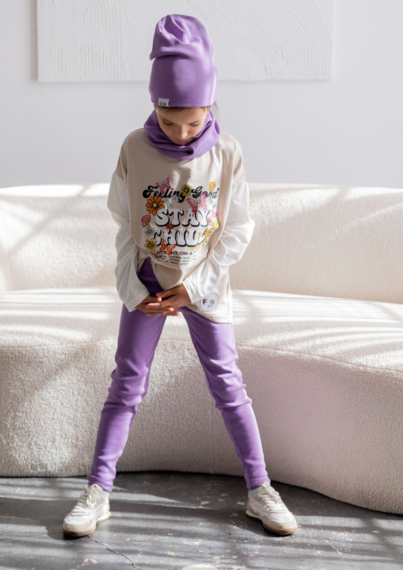 Legginsy dziecięce prążek violet Koszulka dziecięca długi rękaw beige-ecru FUN KIDS