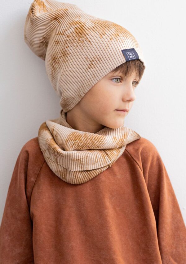 Czapka z kominem dziecięca prążek TIE DYE beige