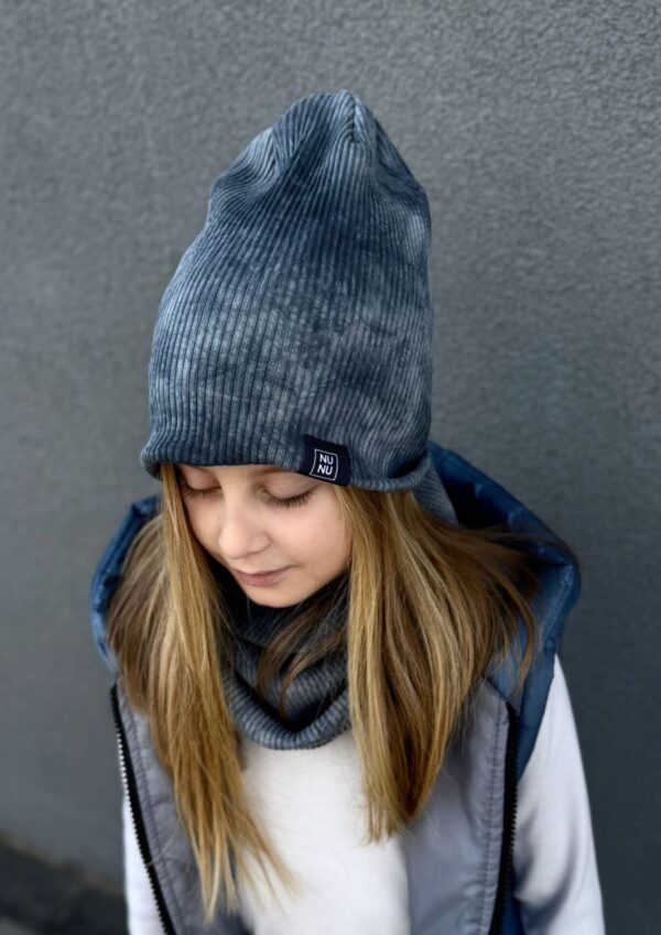 Czapka z kominem dziecięca prążek TIE DYE dark blue