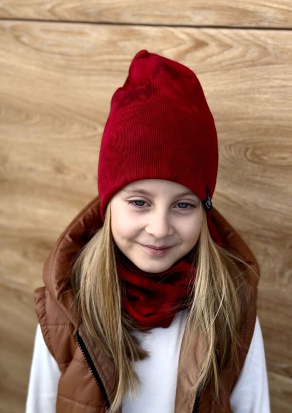 Czapka z kominem dziecięca prążek TIE DYE red