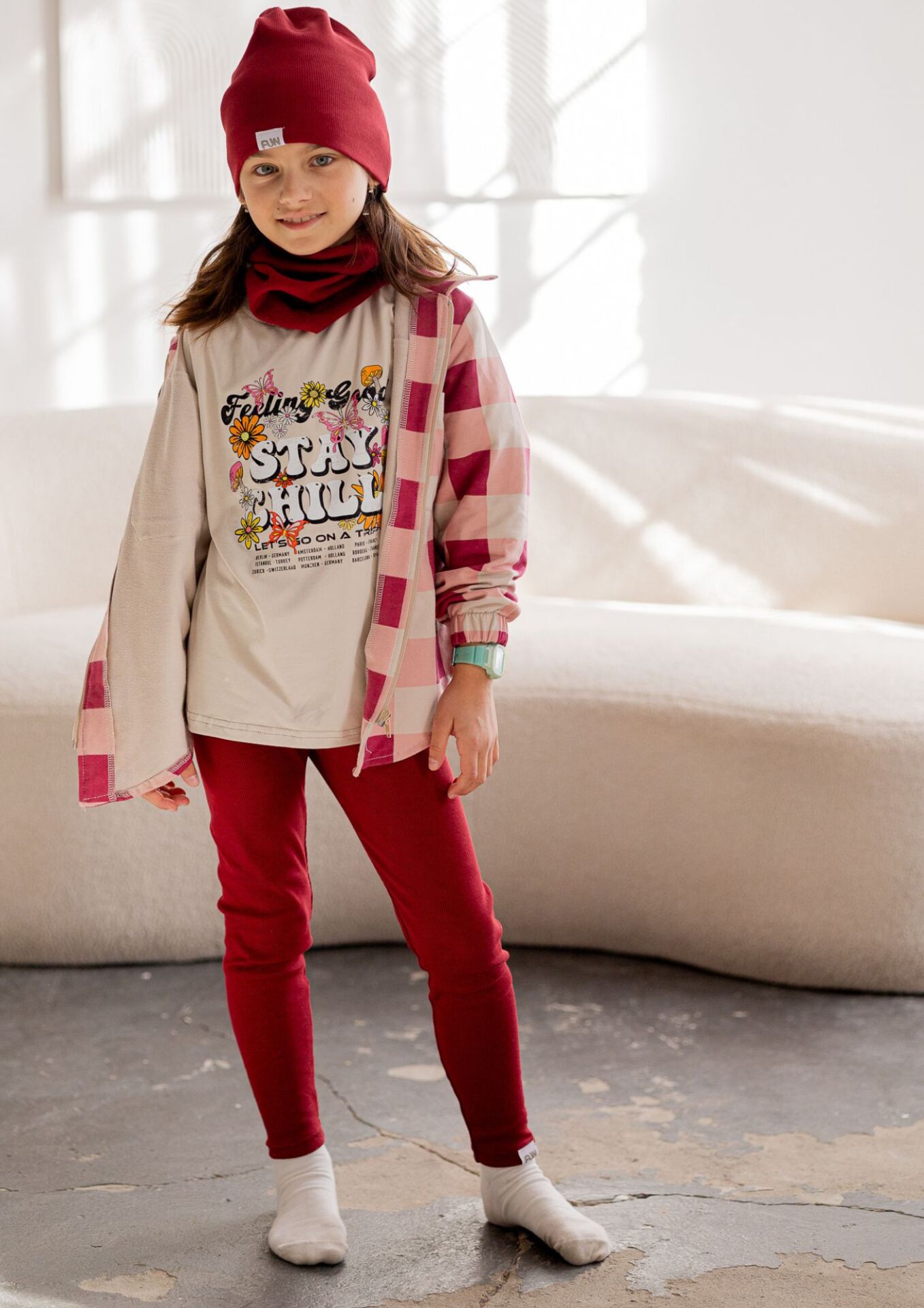 Legginsy dziecięce prążek burgund Koszula dziecięca krata pink FUN KIDS