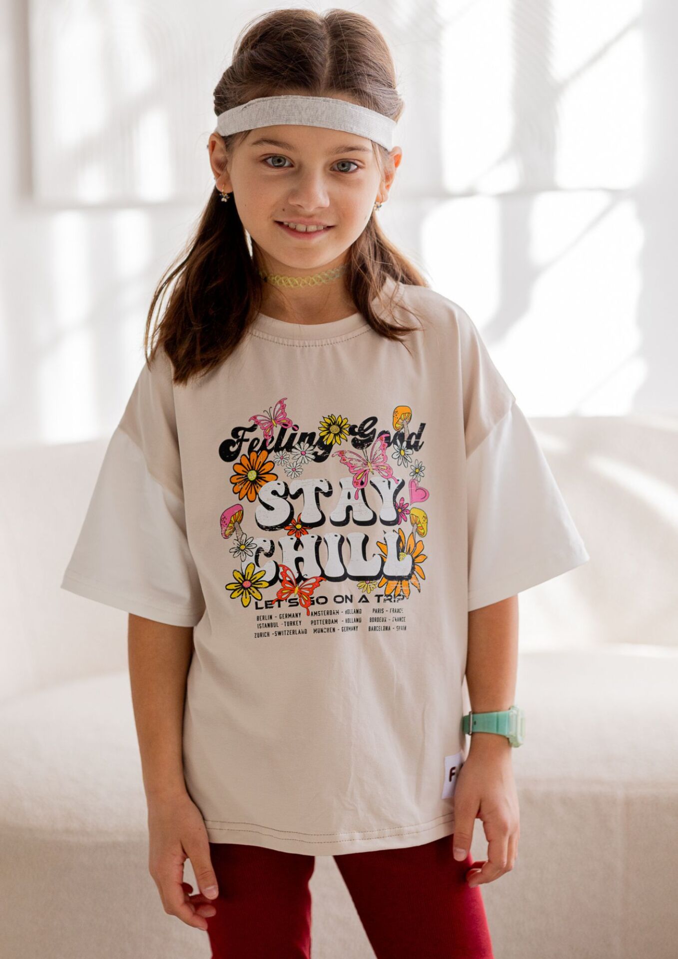 Legginsy dziecięce prążek burgund Koszulka dziecięca krótki rękaw beige-ecru FUN KIDS