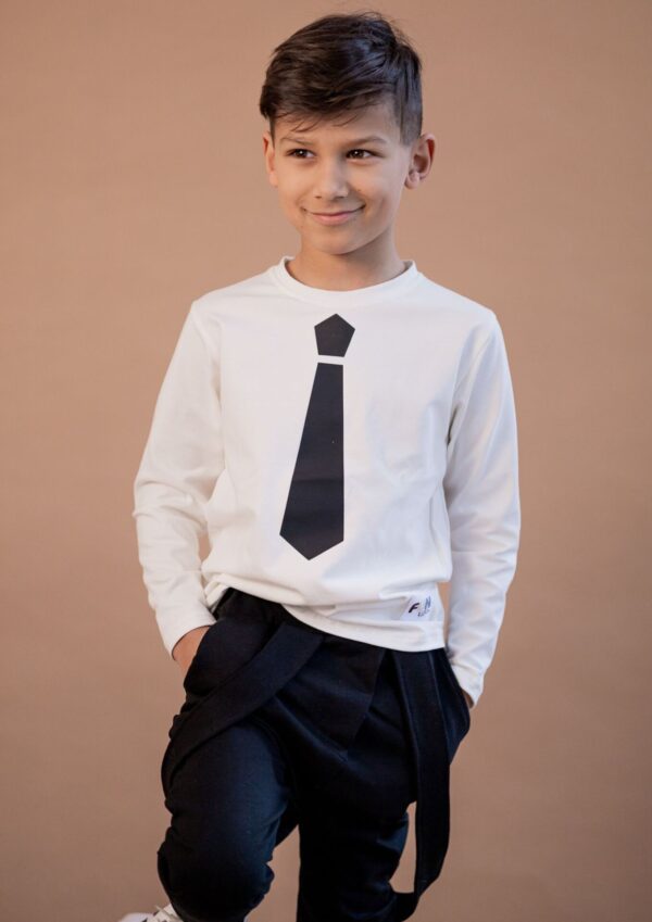 Koszulka dziecięca długi rękaw krawat czarny ecru FUN KIDS