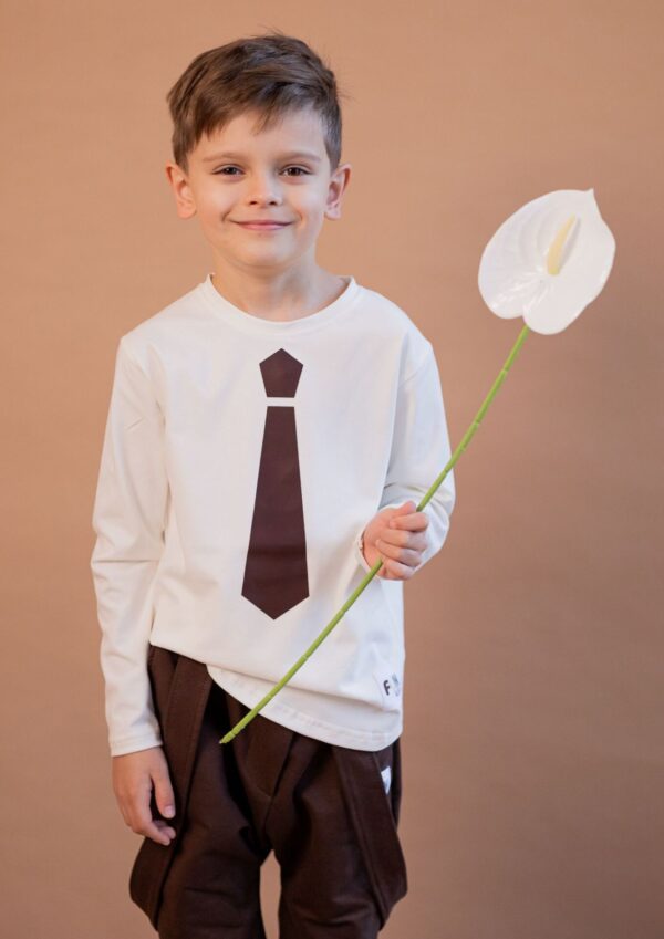Koszulka dziecięca długi rękaw krawat brąz ecru FUN KIDS