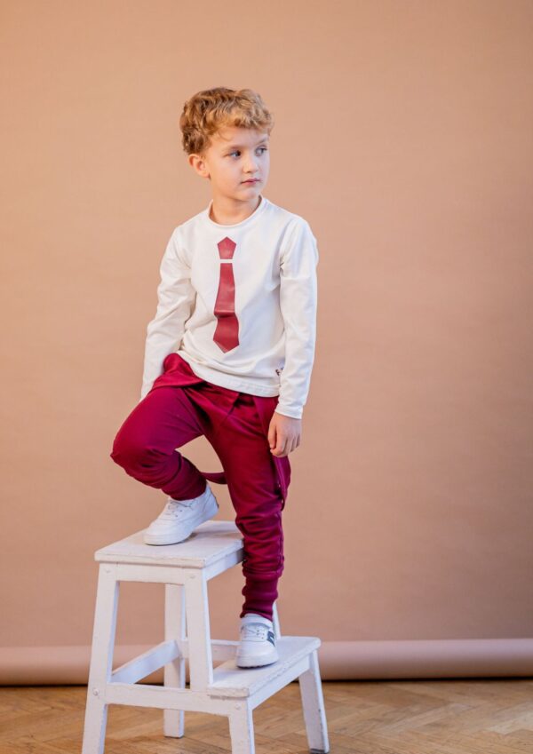 Koszulka dziecięca długi rękaw krawat bordo ecru FUN KIDS