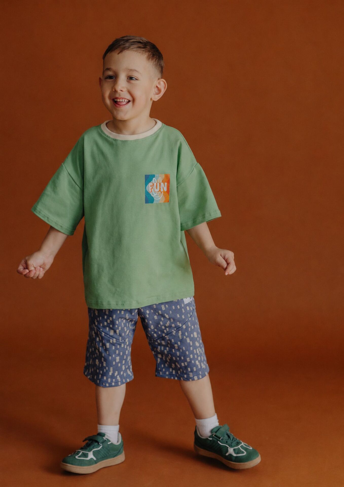 Szorty dziecięce PRINT blue FUN KIDS Koszulka dziecięca krótki rękaw FUN green-beige FUN KIDS