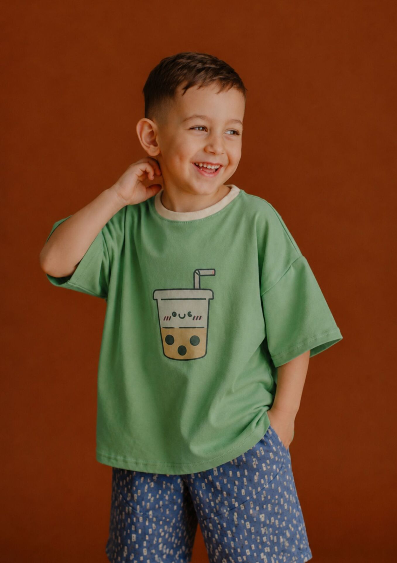 Koszulka dziecięca krótki rękaw DRINK green-beige FUN KIDS