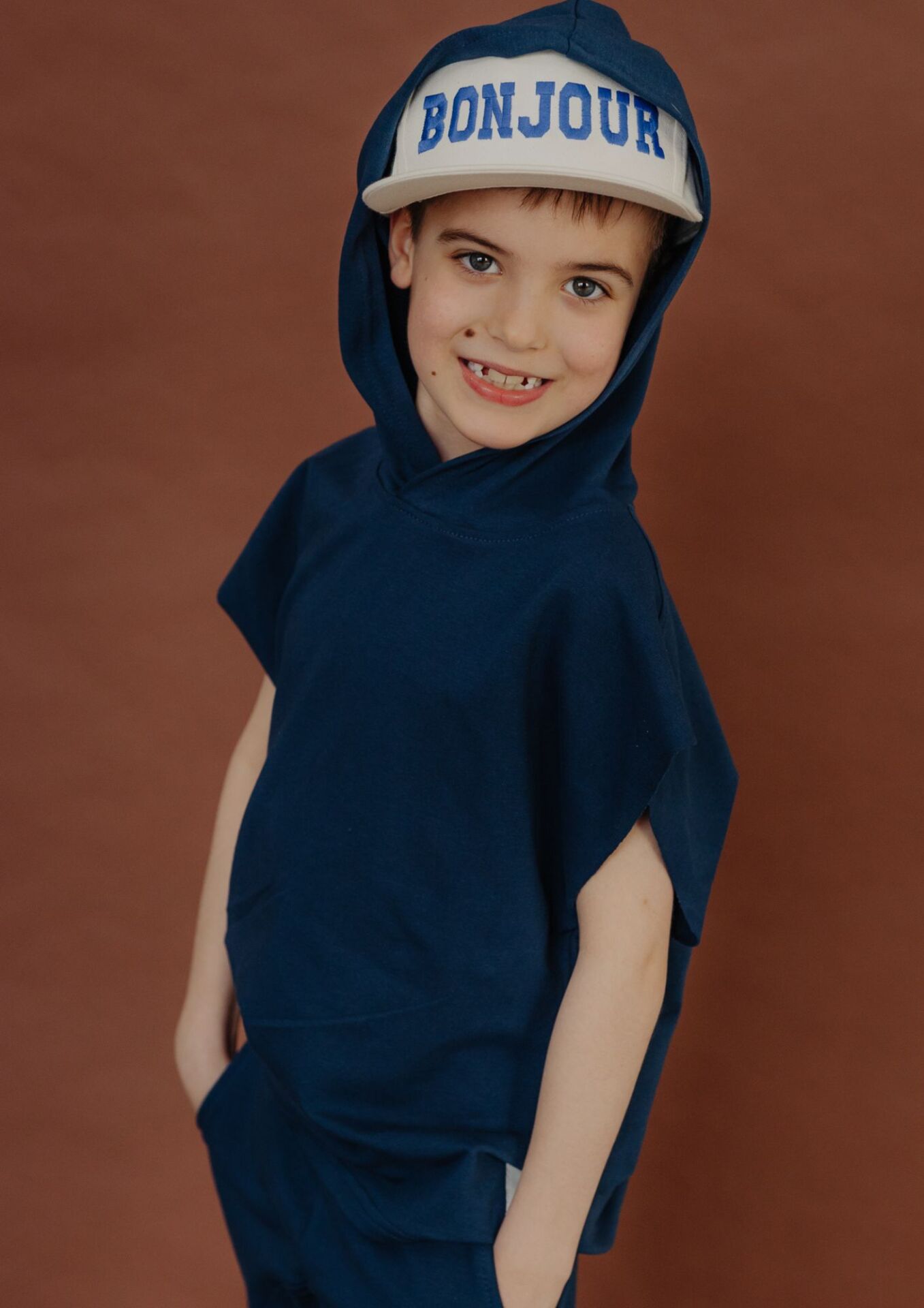 Koszulka dziecięca krótki rękaw z kapturem NAVY BLUE